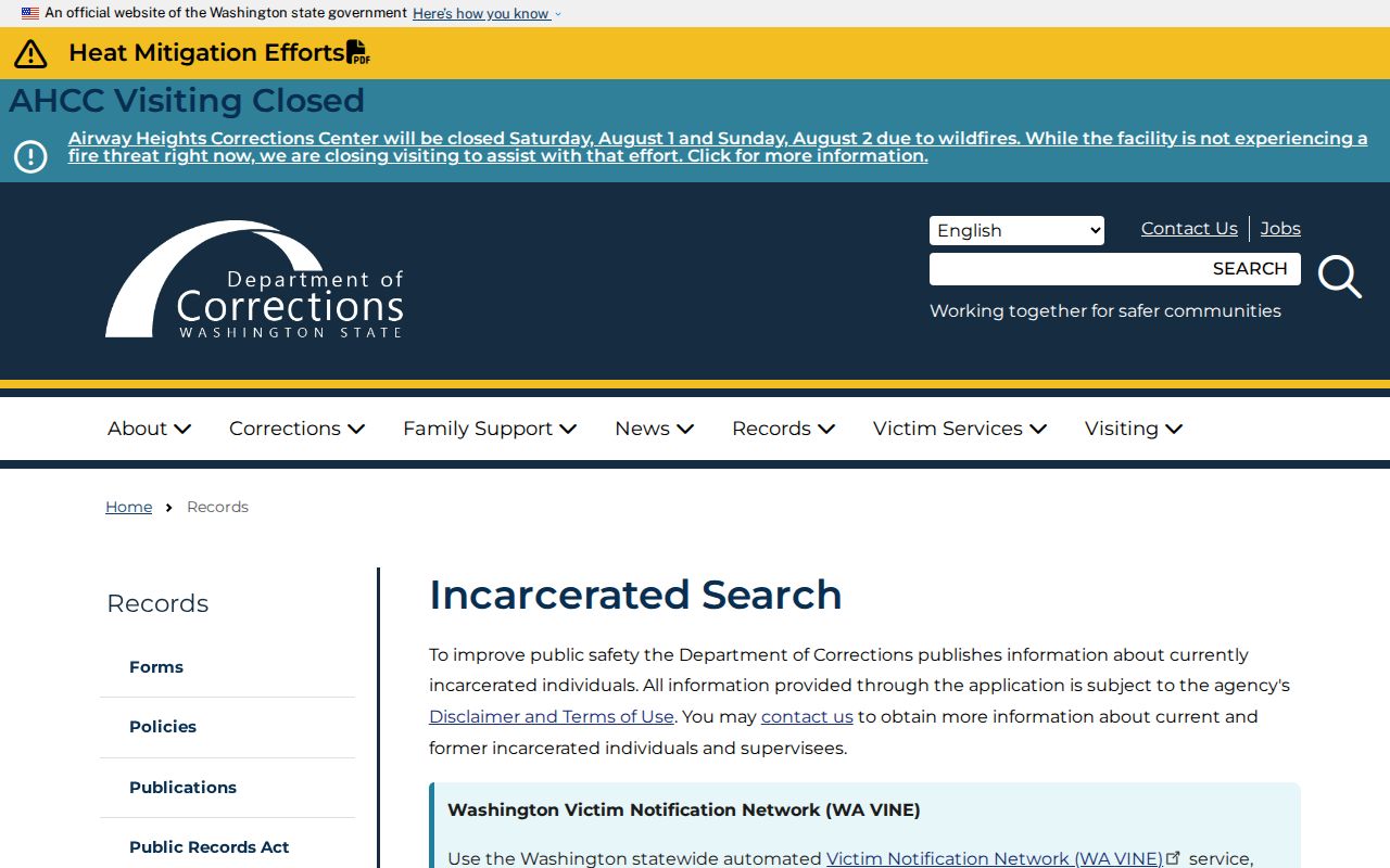 Redmond people search in Washington DOC custody records