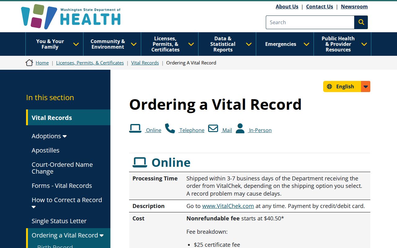 Redmond public records vital certificate ordering channels