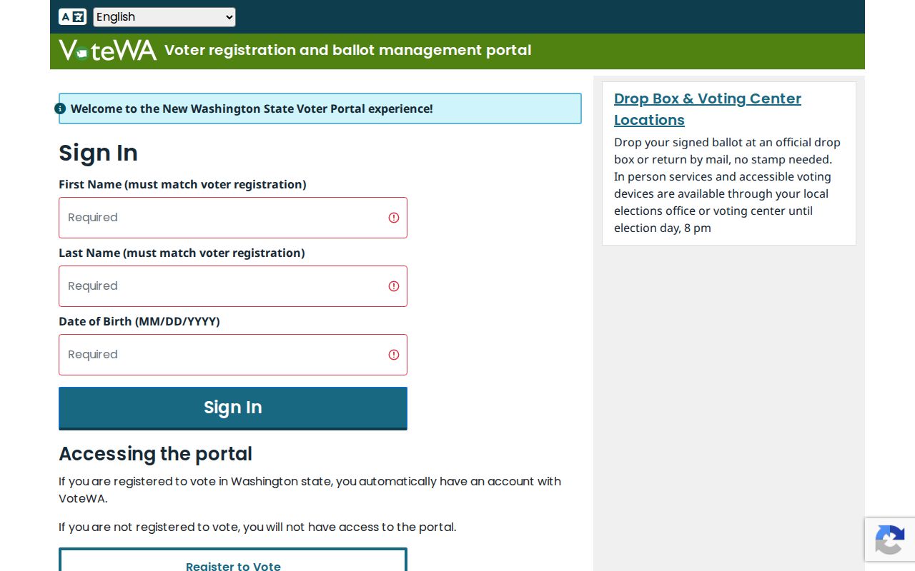 Redmond voter registration lookup form on VoteWA